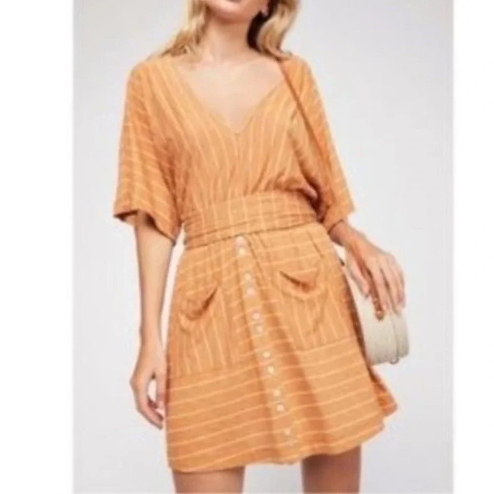 Free People‎ fp Beach paradise Striped dress XS Orange White V-Neck Cutout Back